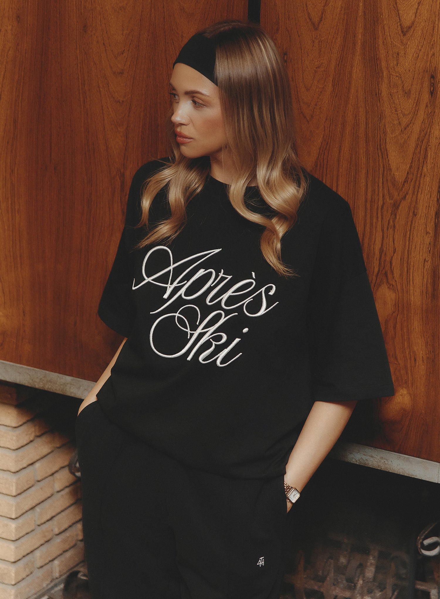 Black Embroidered Apres Ski Slogan T-Shirt